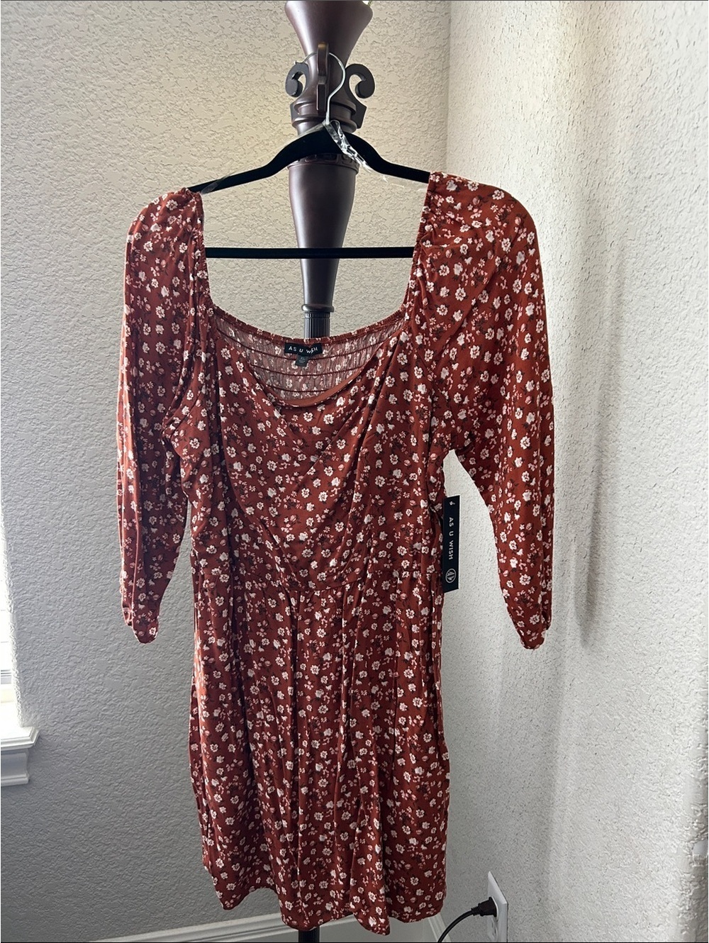 AS U WISH XL Rust Floral Dress with Puff Sleeves